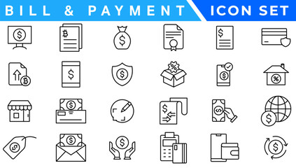 Poster - Bill And Payment line web icons. Money and Coins. Cash, Credit Cards, Money Bag, Containing banking, Investment, income, accounting, money, Finance. Editable stroke.