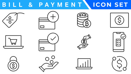 Poster - Bill And Payment line web icons. Money and Coins. Cash, Credit Cards, Money Bag, Containing banking, Investment, income, accounting, money, Finance. Editable stroke.