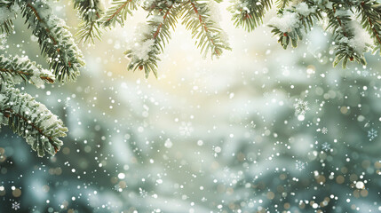 Poster - Snowy fir branches with sunlight and falling snow, bokeh effect in background