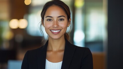 Fototapete - A professional woman in business attire, with a clear and engaging smile, standing in a stylish office space with her face prominently featured.