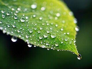 Wall Mural - Close-up of a green leaf with dew drops on it, captured in a macro shot. The leaf is in focus while the background is blurred.