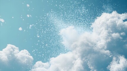 Poster - A conceptual image showcasing ethereal clouds gently dissolving into tiny particles and blending seamlessly into the calming blue sky creating a serene and minimalist background with ample copy space