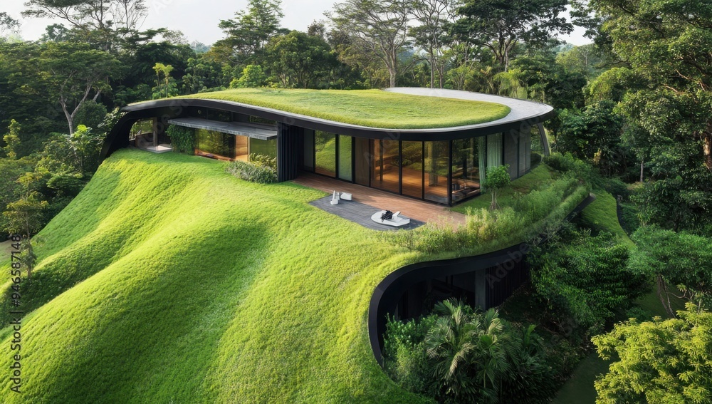 Modern green roof design, curved architecture, with lush grass covering ...