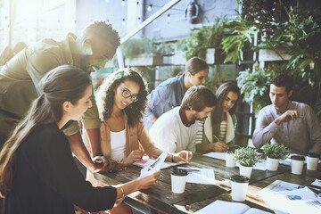 Poster - Group, colleagues and business meeting with documents, cafe and diversity of employees, plants and outdoor. Stats, reading and discussion of graph, paperwork and teamwork of SEO specialist and people