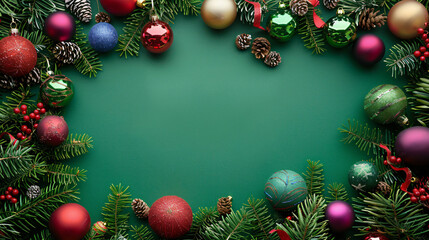 Poster - Green background with christmas ornaments and fir tree branches creating a border