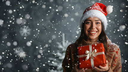 Wall Mural - Festive woman smiling in the snow, holding a christmas gift. Perfect for spreading holiday joy and celebrating the season