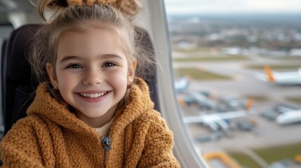 A little girl with a big smile sits by the airplane window, radiating excitement and joy as she looks forward to her journey, embodying the thrill of travel.