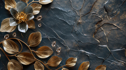 Wall Mural - A gold leafy flower with a blue background