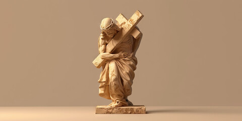 A minimalist sculpture of Jesus carrying the cross, standing on an earthy brown base, showcasing his enduring strength.