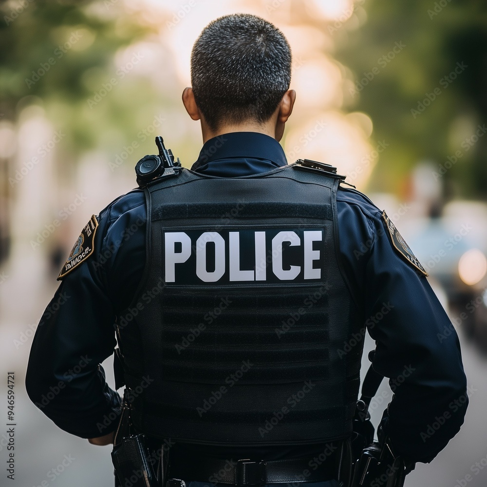 Police Officer Rear Rear view of a police officer in uniform walking down the street ...