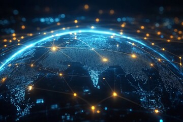 illustration of glowing planet with yellow network connecting cities on black background