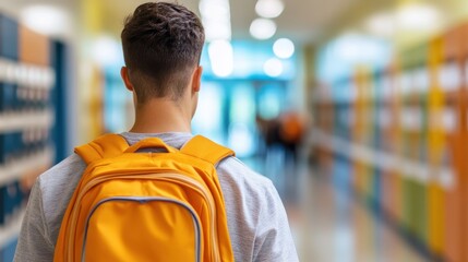 A student wearing an orange backpack is walking down a brightly lit school hallway, symbolizing education, learning journeys, and the daily routine of youth in academic institutions.