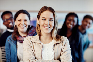 Poster - Students, study and group portrait in university for education, learning and teamwork in classroom. People, confident and diversity for scholarship, college and collaboration with research project
