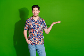 Sticker - Photo of good mood guy with stylish haircut dressed print shirt arm presenting object empty space isolated on green color background