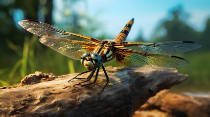 Wall Mural - A detailed photograph of a dragonfly in repose, allowing for an examination of its wings' fine textures and patterns in stunning