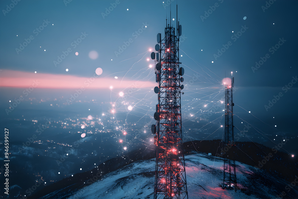 Telephony cell tower networks in telecommunication, with signals ...