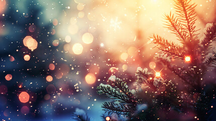 Aufkleber - Snow falling softly on snow-covered pine tree branches at dusk with shimmering christmas lights in the background