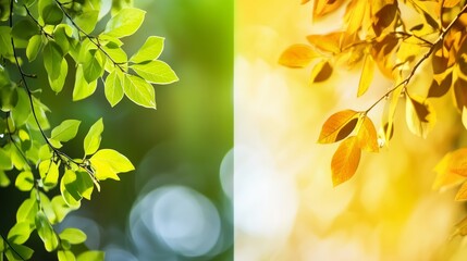 Wall Mural - A gradient background from green to orange leaves with a soft bokeh effect, capturing the essence of seasonal transitions in nature. Ideal for nature-themed designs.