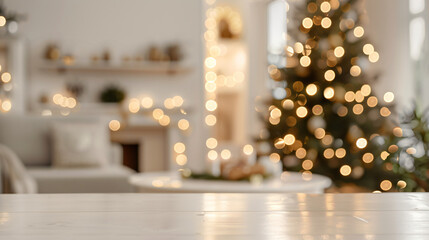 Aufkleber - Blurred christmas tree and fireplace background on empty wooden tabletop, ideal for showcasing holiday season products