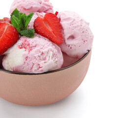 Sticker - Bowl of delicious ice cream scoops with fresh strawberries and mint isolated on white background