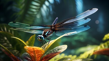 A dynamic image of a dragonfly perched on a leaf, showcasing its wings spread wide to capture the delicate structure and texture.