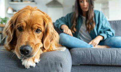 Poster - A sad golden retriever lays its head on a couch. AI.