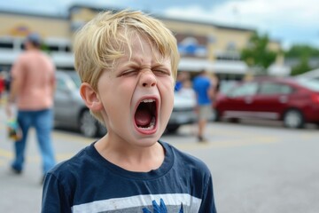 Sticker - A young boy with blond hair yells with his mouth wide open. AI.