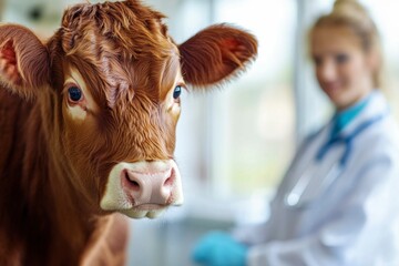 Poster - Close-up of a Brown Calf with a Blurred Veterinarian in the Background