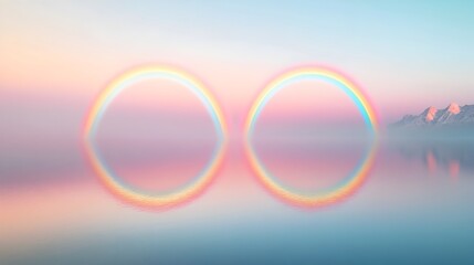 Poster - Captivating mirrored reflection of a vibrant rainbow on a tranquil body of water creating a dreamlike symmetrical image with a calming ethereal atmosphere