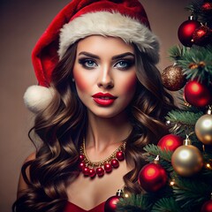 Poster - woman in santa claus hat with christmas tree