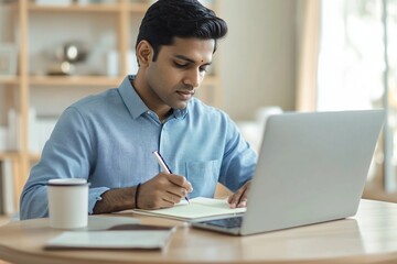 A young Indian man in a light blue shirt is seated at a desk, focused on writing in a notebook while working on a laptop. A coffee cup is placed beside him, and the bright, airy background sugges