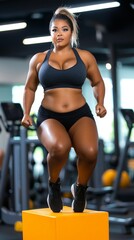 Wall Mural - Focused Plus-Size Woman Doing Box Jumps in Gym Workout