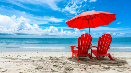 Two red chairs under an umbrella on a sunny beach