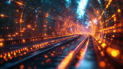 Poster - Holographic symbols related to diverse transportation modes shine brightly within a vibrant, futuristic tunnel, enhancing the surreal environment.