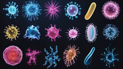 Poster - Collection of virus and bacteria cells floating on black background