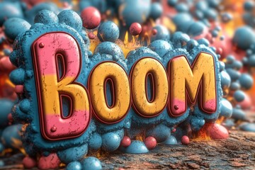 Poster - Boom text surrounded by colorful splashes on blue background