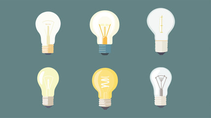 A flat, isolated illustration of six different light bulbs, each with a unique design, shown on a solid background.