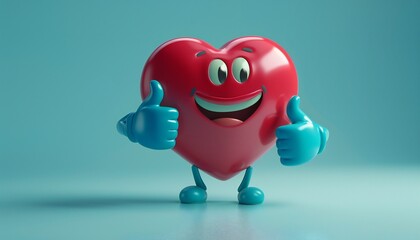 A charming 3D character in the shape of a heart with a friendly smile on a blue background