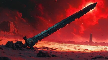 Epic Sword in a Fiery Dystopian Landscape Generative AI