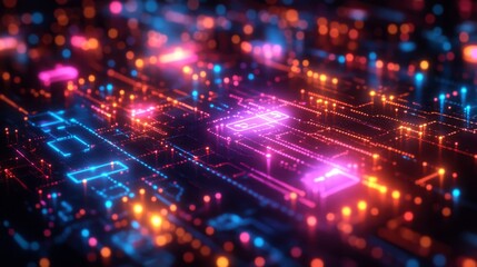 Poster - A vibrant display of holographic symbols illuminates a digital circuit board, showcasing different data types in a mesmerizing nighttime scene.