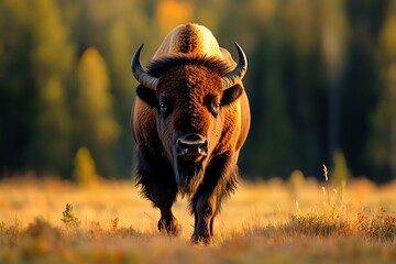 Wall Mural - Bison in the autumn light, captured in a photo that highlights the changing colors of the season and the bisonâ€™s place in the natural cycle