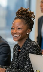 Poster - A woman smiles brightly while sitting in a meeting. AI.