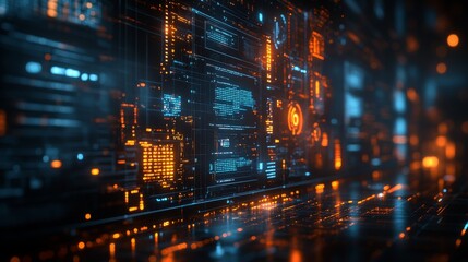 Poster - A collection of holographic symbols illustrating different data types illuminated in a vibrant digital landscape during nighttime.
