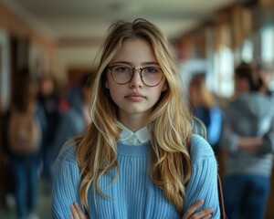 Wall Mural - A young woman with long blonde hair wearing glasses and a blue sweater stands in a hallway. AI.