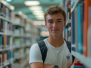 Sticker - A young man stands in a library, smiling. AI.