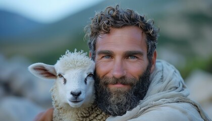 Wall Mural - A man with a beard smiles while holding a sheep. AI.