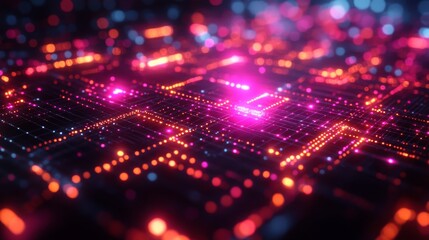 Poster - Colorful glowing holographic symbols illuminate a digital grid, showcasing advanced technology in an interactive exhibit at an outdoor venue.