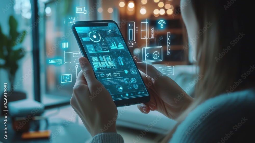 A person using a smart home dashboard on their smartphone to control ...