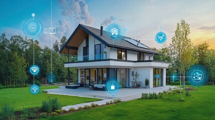 A smart home equipped with energy-efficient systems, IoT-enabled appliances, and advanced climate control, seamlessly integrated into a connected living ecosystem, representing modern innovation in