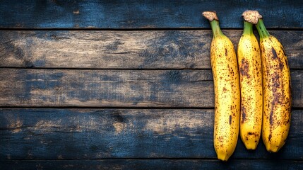 Wall Mural - Three ripe bananas on a rustic wooden surface.